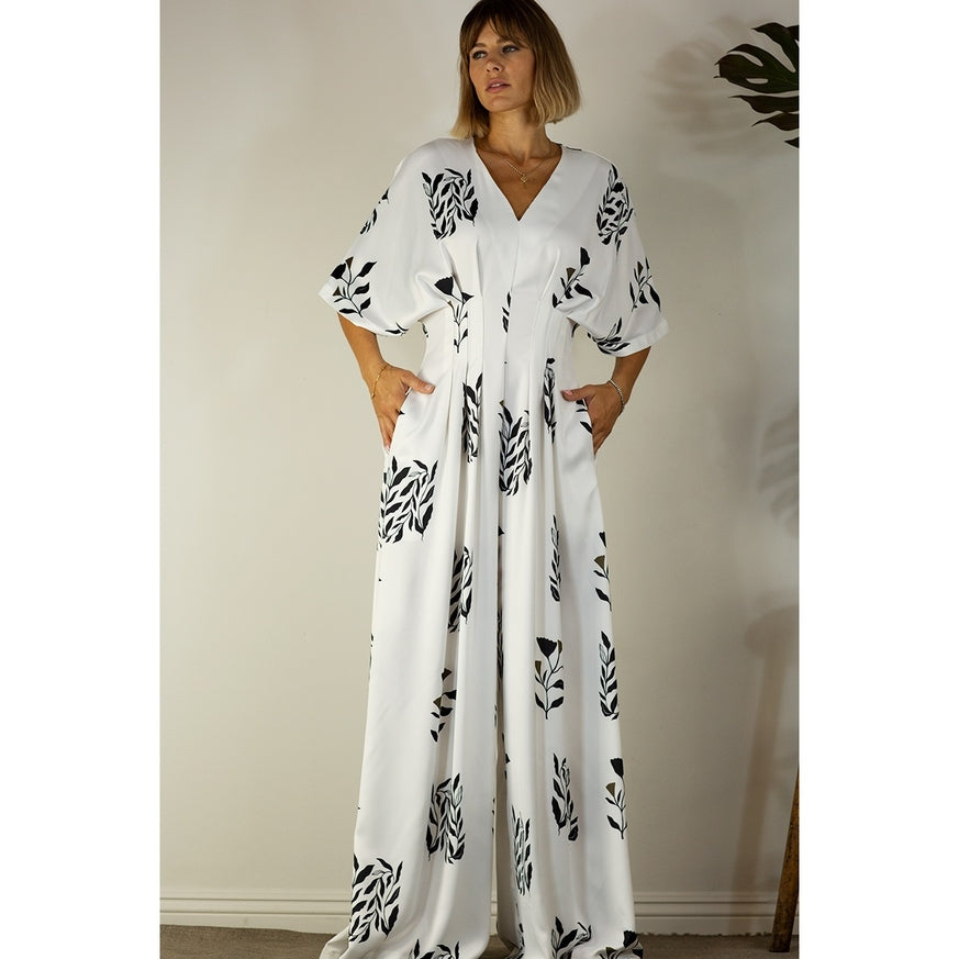 Women's Mulla Pleated Jumpsuit with Black Floral Print - Miss Dressy 