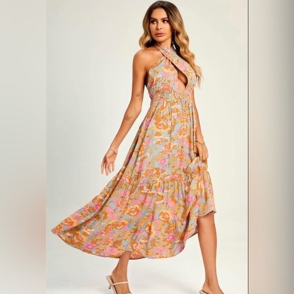 Women's FS Collection Pink flora women’s halter neck, front criss cross tie back maxi dress - Miss Dressy 