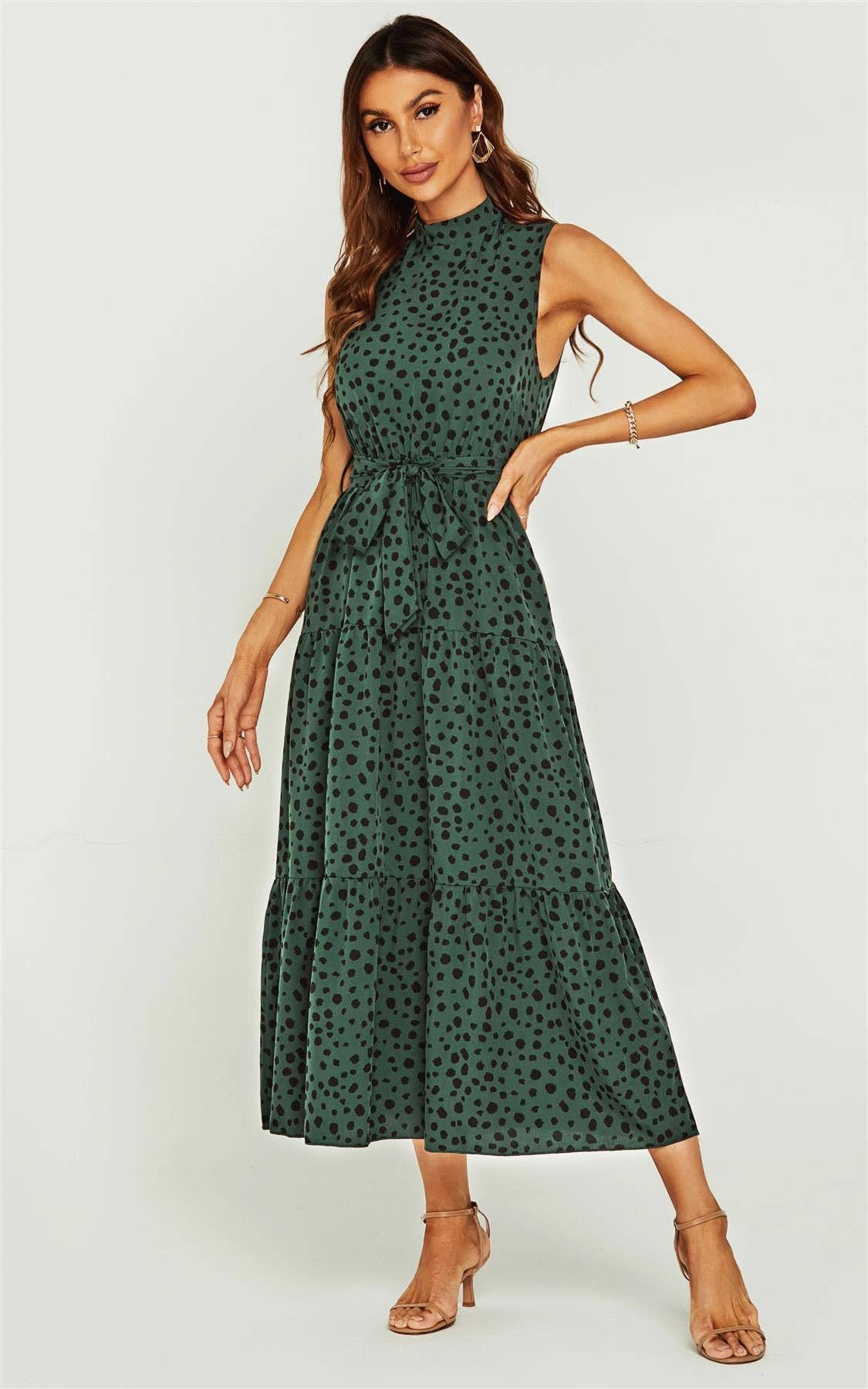 Women’s FS Collection Halter neck Maxi layer dress; green & black leopard print tie waist - Miss Dressy 