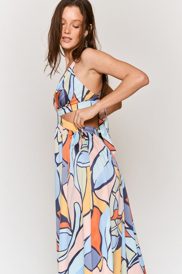 Women's Hers & Mine Abstract Print Cut Out Tie Back Maxi Dress - Miss Dressy 