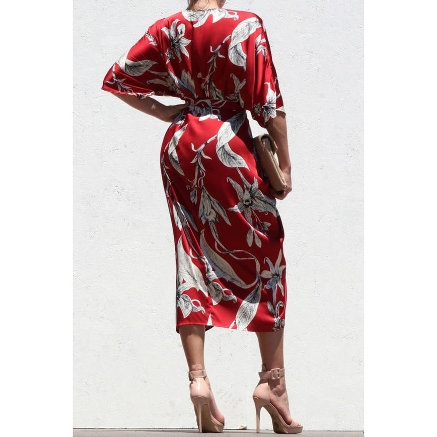 Women's Esmeray Red Floral V-Neck Button Down Waist Tie Midi Dress