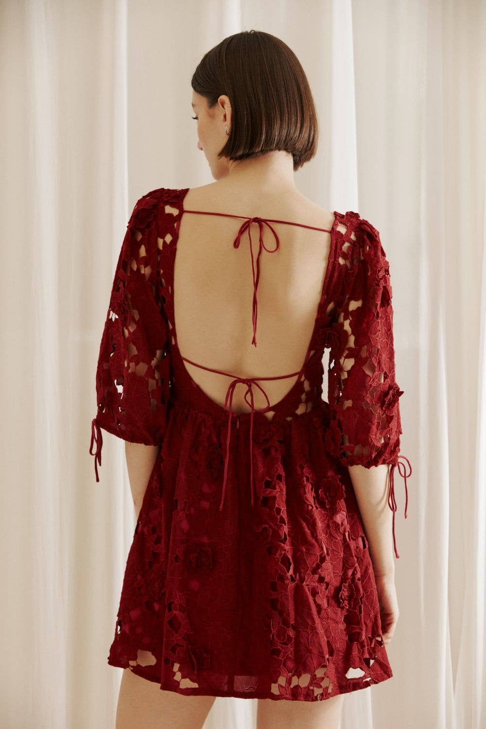 Women's Floral Eyelet Mini Dress in Dark Red