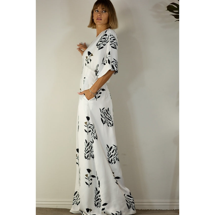 Women's Mulla Pleated Jumpsuit with Black Floral Print - Miss Dressy 