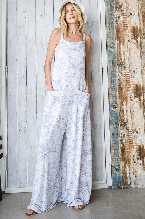 Women’s Bucketlist casual drawstring white & charcoal boho wide leg suspender pants
