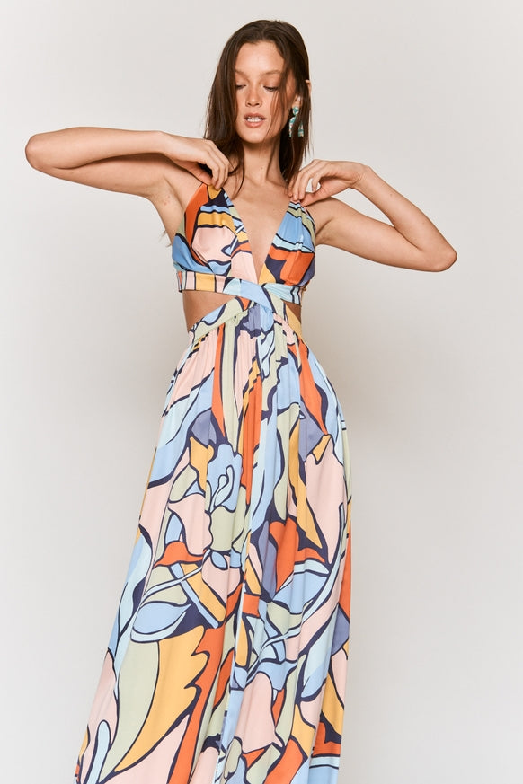 Women's Hers & Mine Abstract Print Cut Out Tie Back Maxi Dress - Miss Dressy 