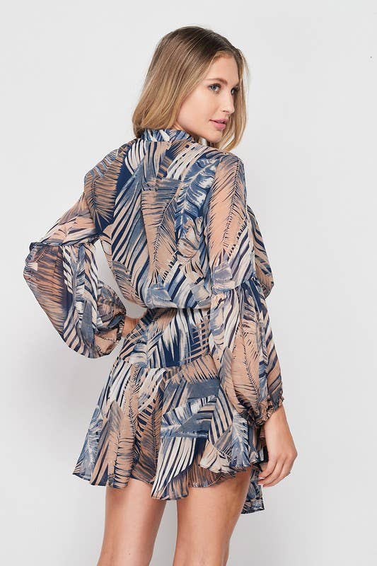 Women's Long Sleeved Palm Print Button Down flowy mini dress