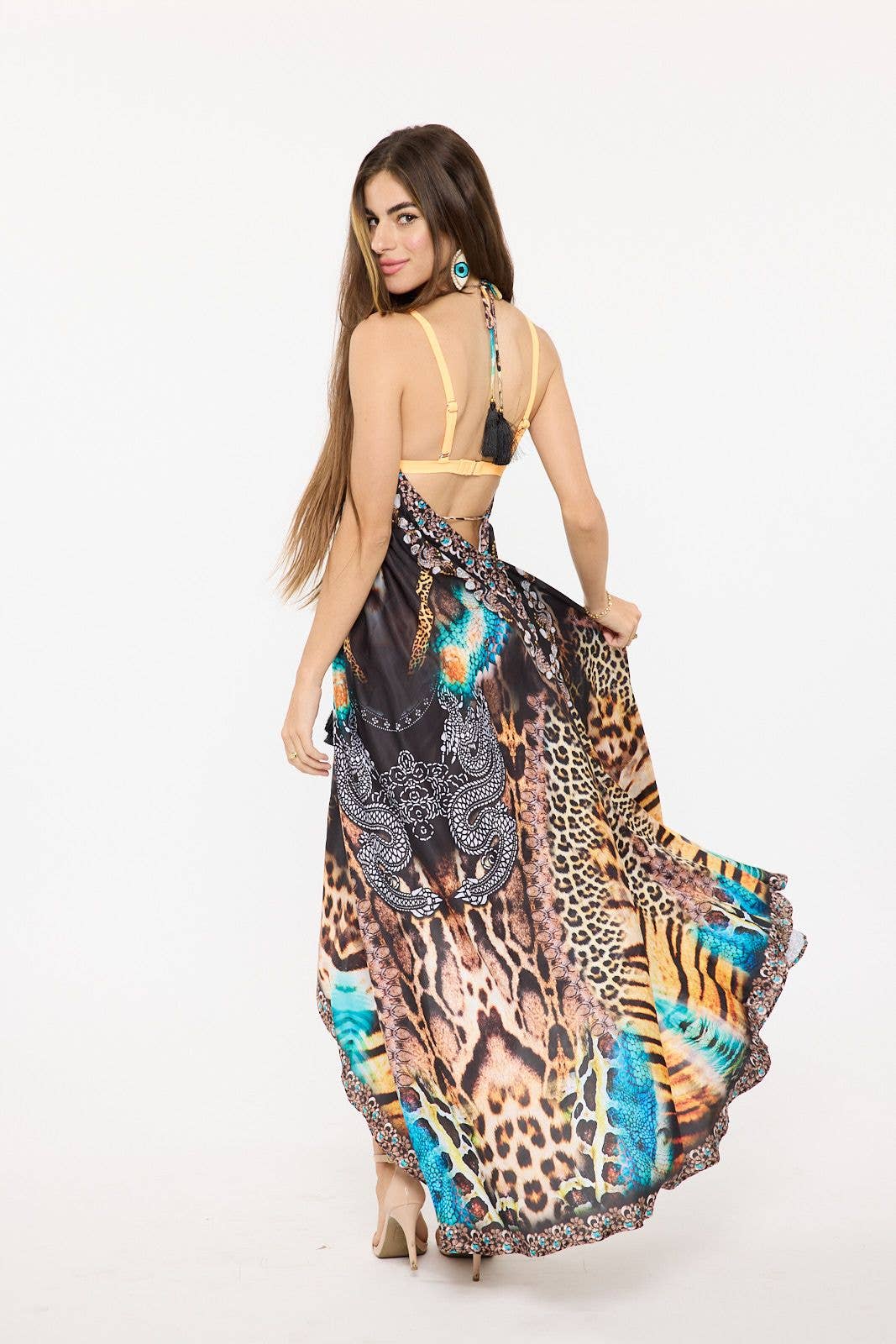 Women's Aqua Animal Print Halter Maxi Dress