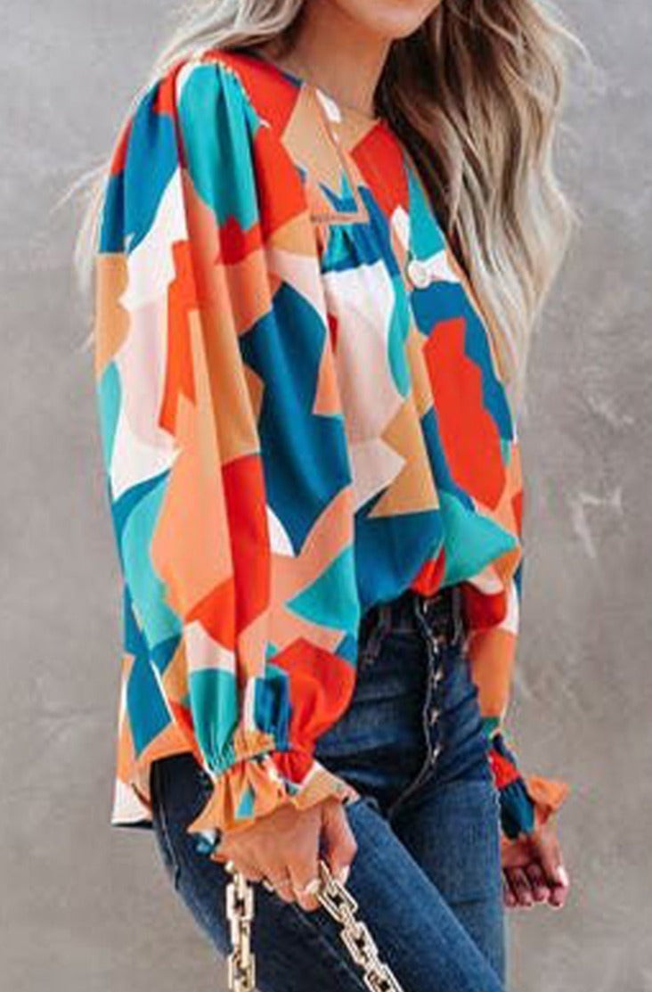 Women's Pretty Bash Abstract Puff Sleeve Blouse - Miss Dressy 