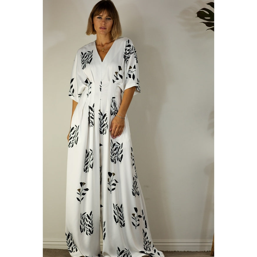 Women's Mulla Pleated Jumpsuit with Black Floral Print - Miss Dressy 