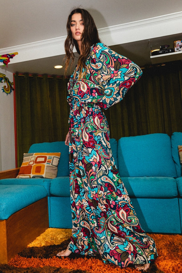 Women's Bucketlist Paisley Smocked Ruffled V-Neck Jumpsuit Teal multi-color - Miss Dressy 