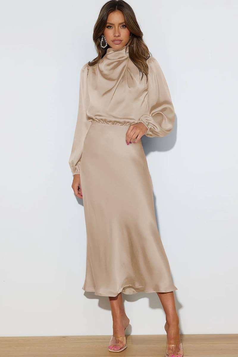 Women's elegant champagne satin midi dress