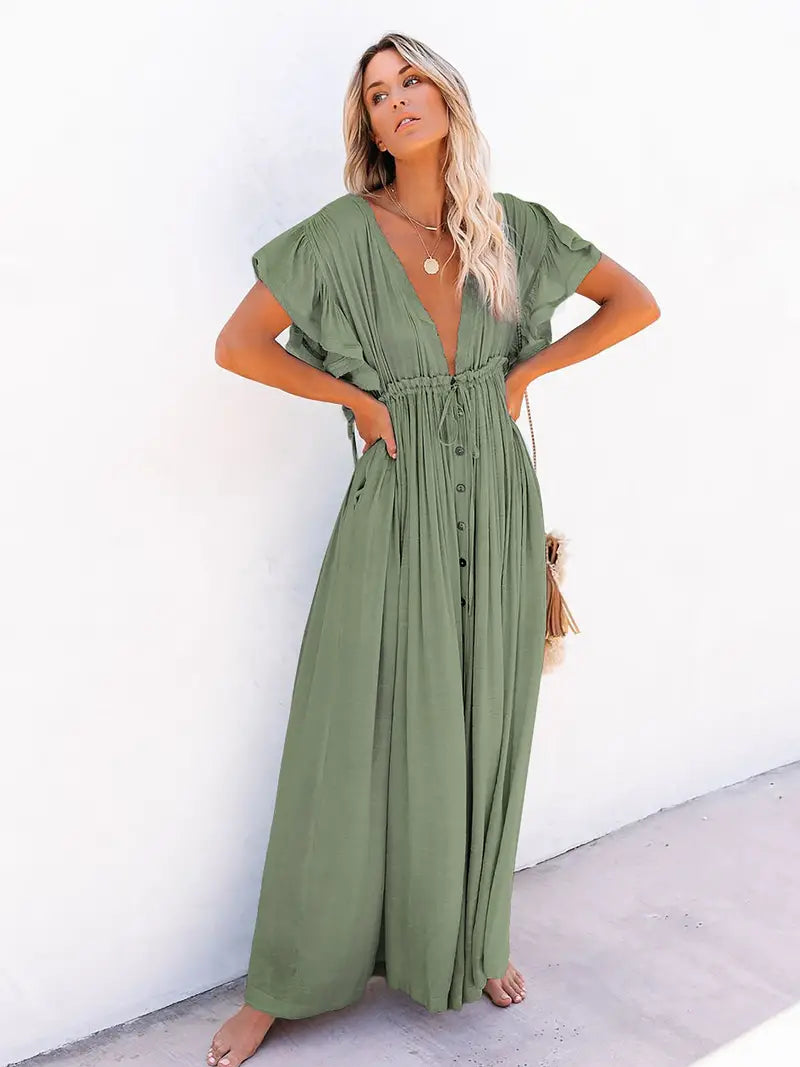 Women's Plunging Neckline Drawstring Cover Up Maxi Dress / Army Green