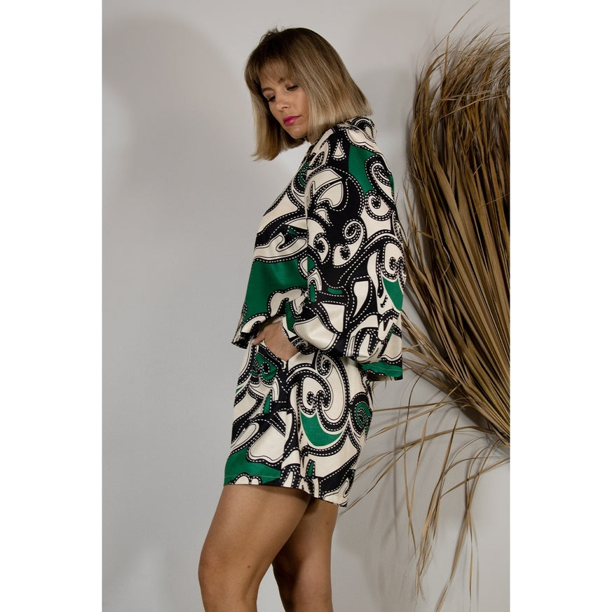 Women's Mulla Green Patterned Shirt & Short Set - Miss Dressy 