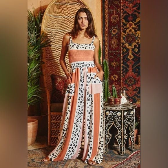 Women's Bucketlist Animal Print Smocked Bodice Jumpsuit in salmon - Miss Dressy 