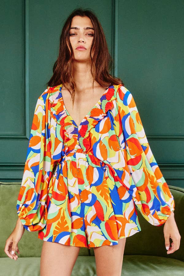 Women's Bucketlist Smocked V-Neck Ruffled Leaf Print Romper - Miss Dressy 