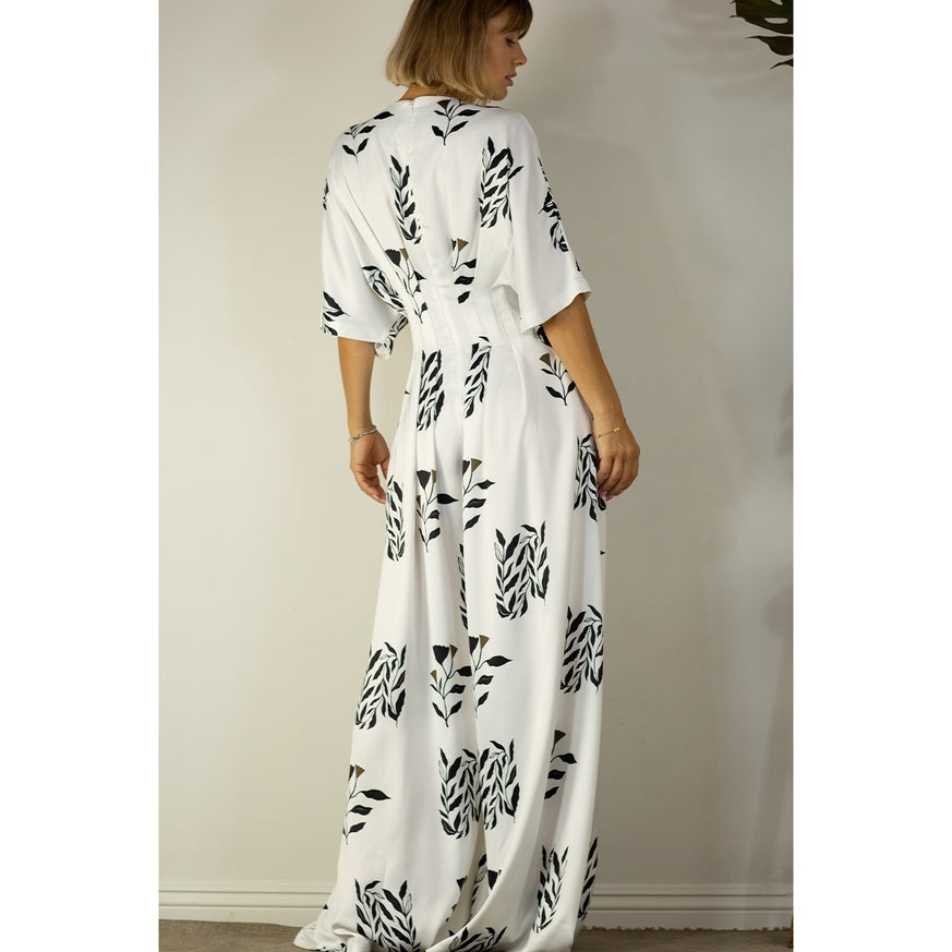 Women's Mulla Pleated Jumpsuit with Black Floral Print - Miss Dressy 