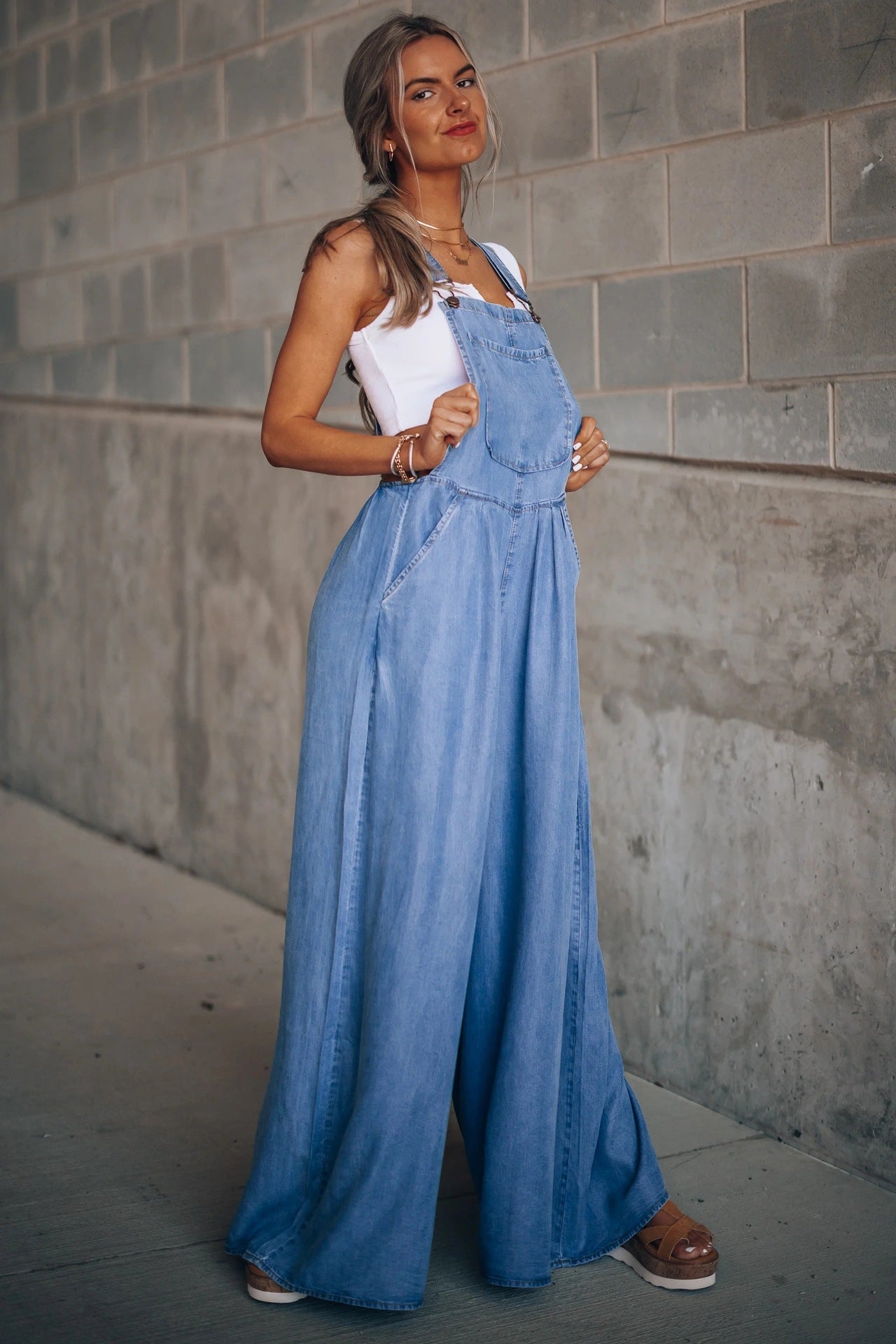 Women's Hiddenbrand Wide Leg Denim Overalls - Miss Dressy 