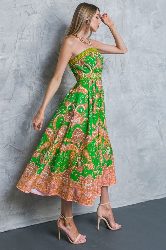 Women's Flying Tomato Strapless Green Print Midi Dress