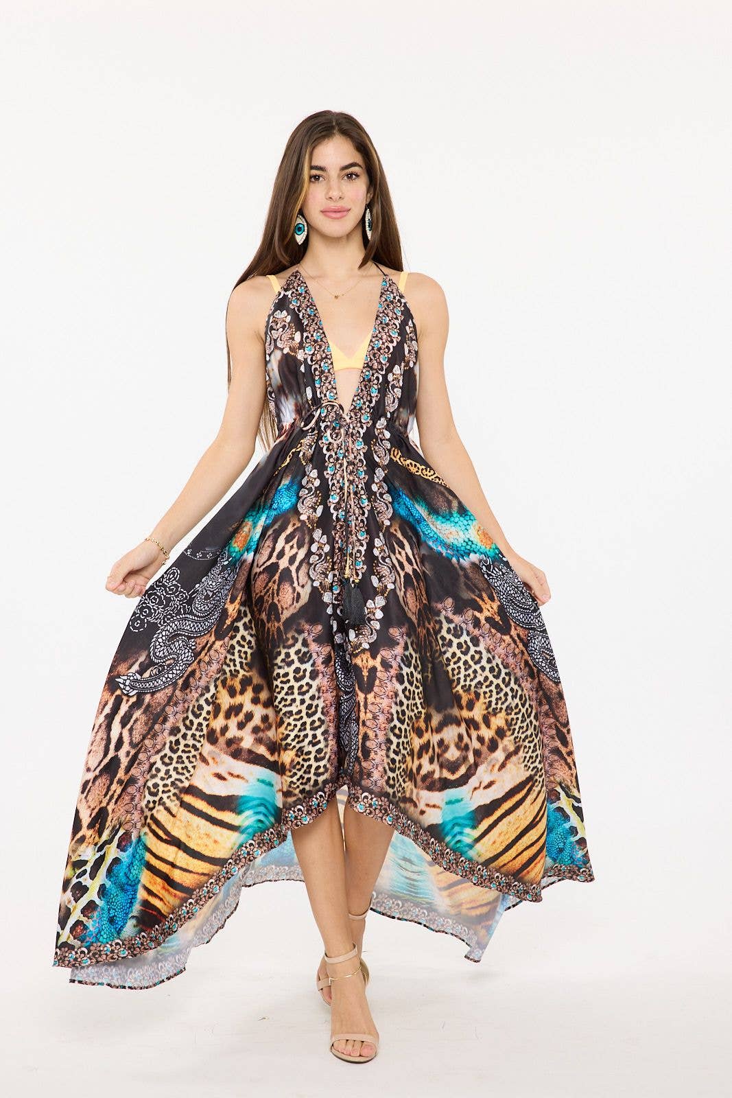Women's Aqua Animal Print Halter Maxi Dress