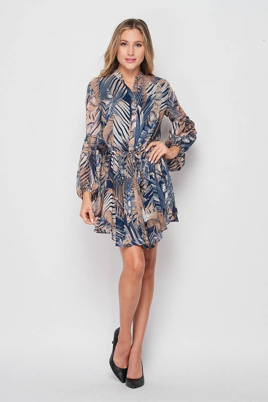 Women's Long Sleeved Palm Print Button Down flowy mini dress