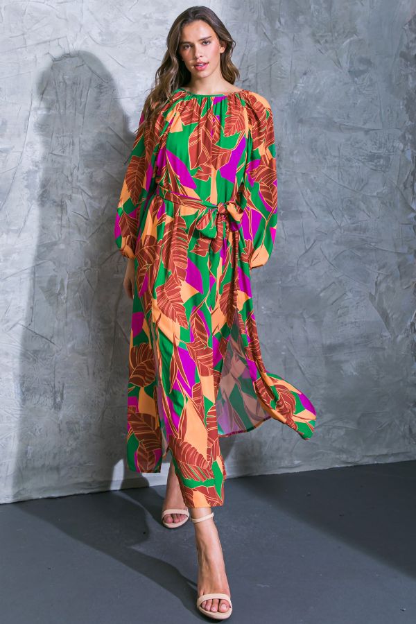 Women's Flying Tomato Leaf Print Gathered Neckline Midi Dress