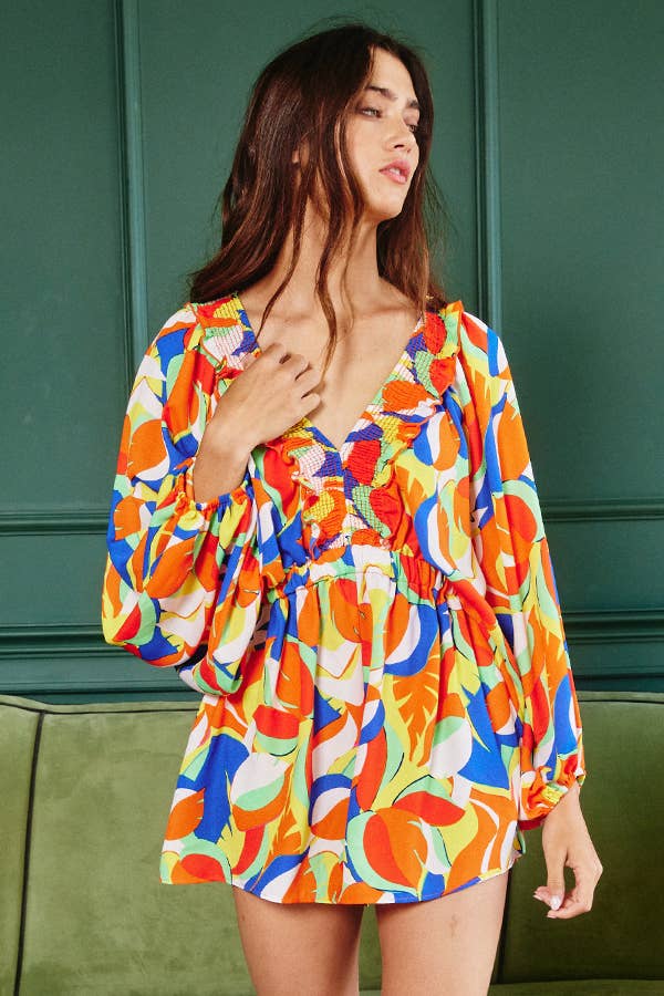 Women's Bucketlist Smocked V-Neck Ruffled Leaf Print Romper - Miss Dressy 