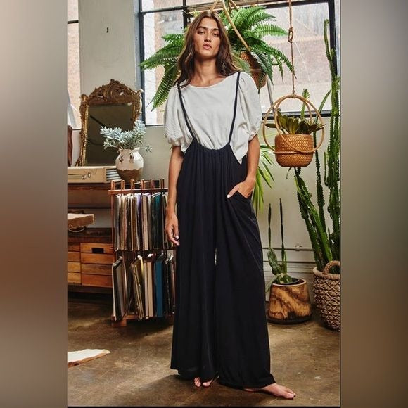 Women’s Bucketlist casual black boho wide leg solid knit textured suspender pants - Miss Dressy 