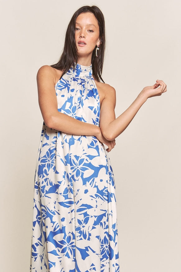 Women's Hers & Mine Butter Satin Pleated Halter Wide Leg Jumpsuit - Miss Dressy 