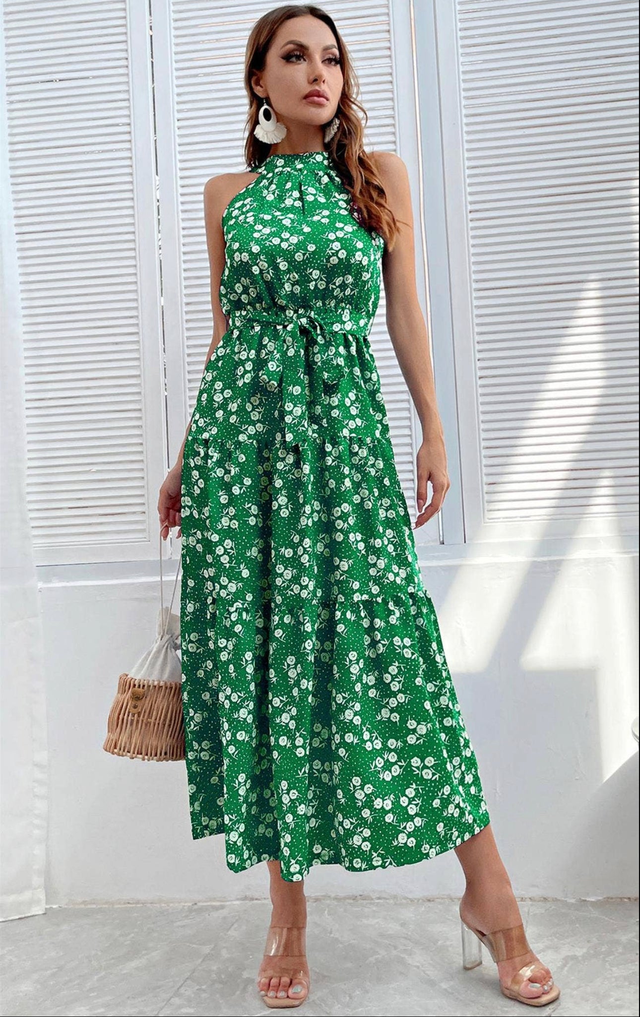 Women's FS Collection Halter Neck Maxi Layer Dress in Green & Flora with Leaf Dot Print - Miss Dressy 
