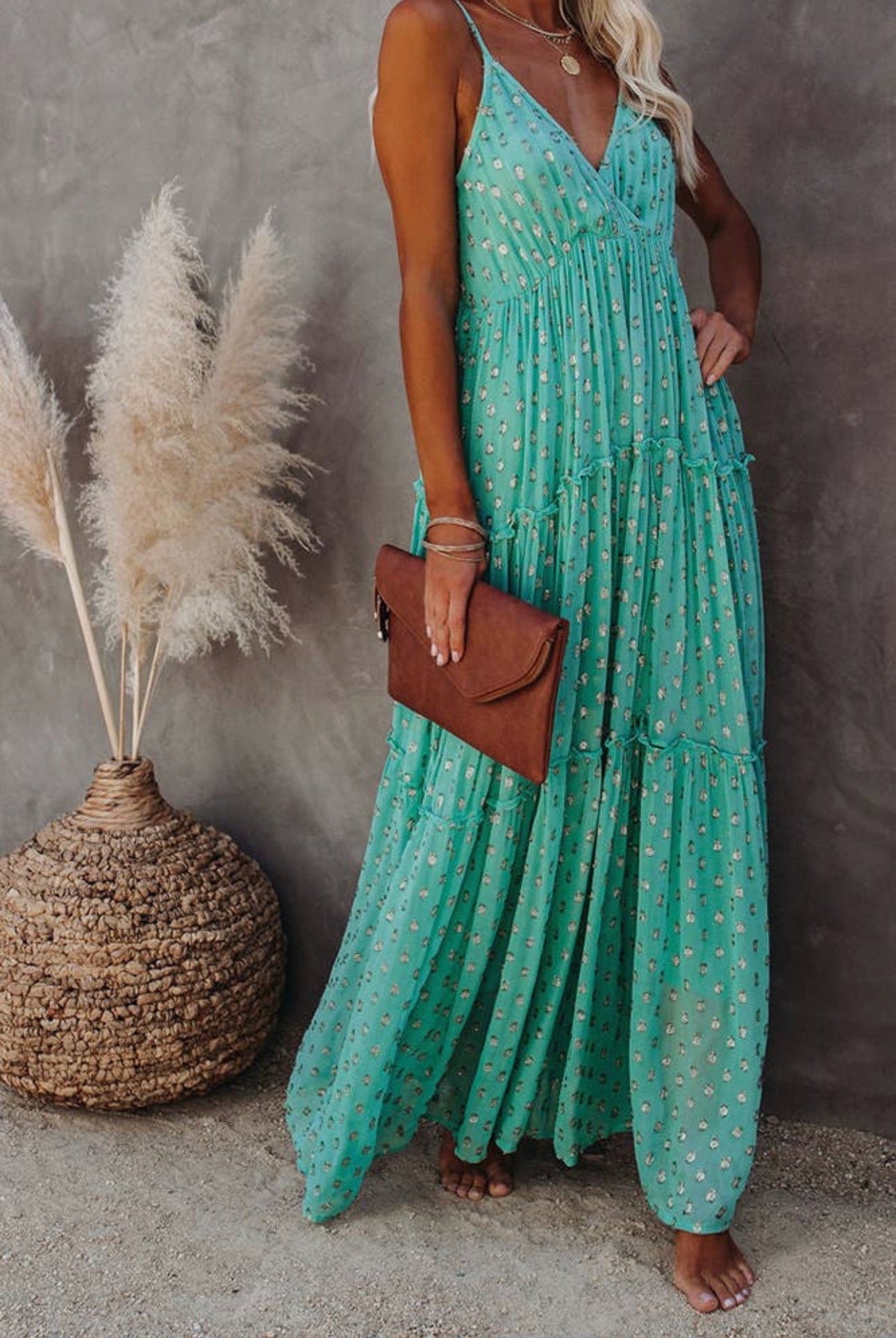 Women's Unishe Teal Aqua Floral polka dot maxi slip dress - Miss Dressy 