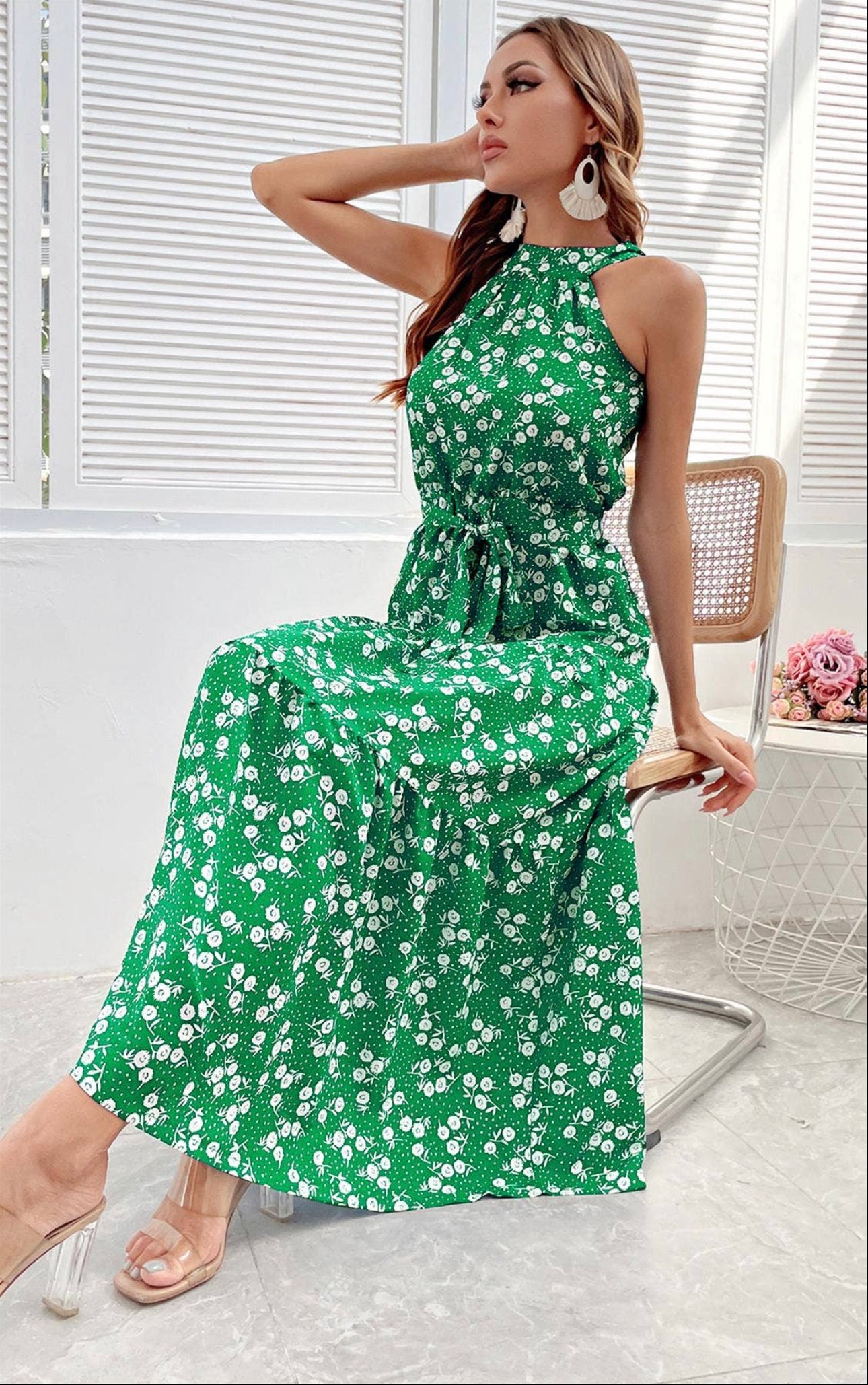 Women's FS Collection Halter Neck Maxi Layer Dress in Green & Flora with Leaf Dot Print - Miss Dressy 
