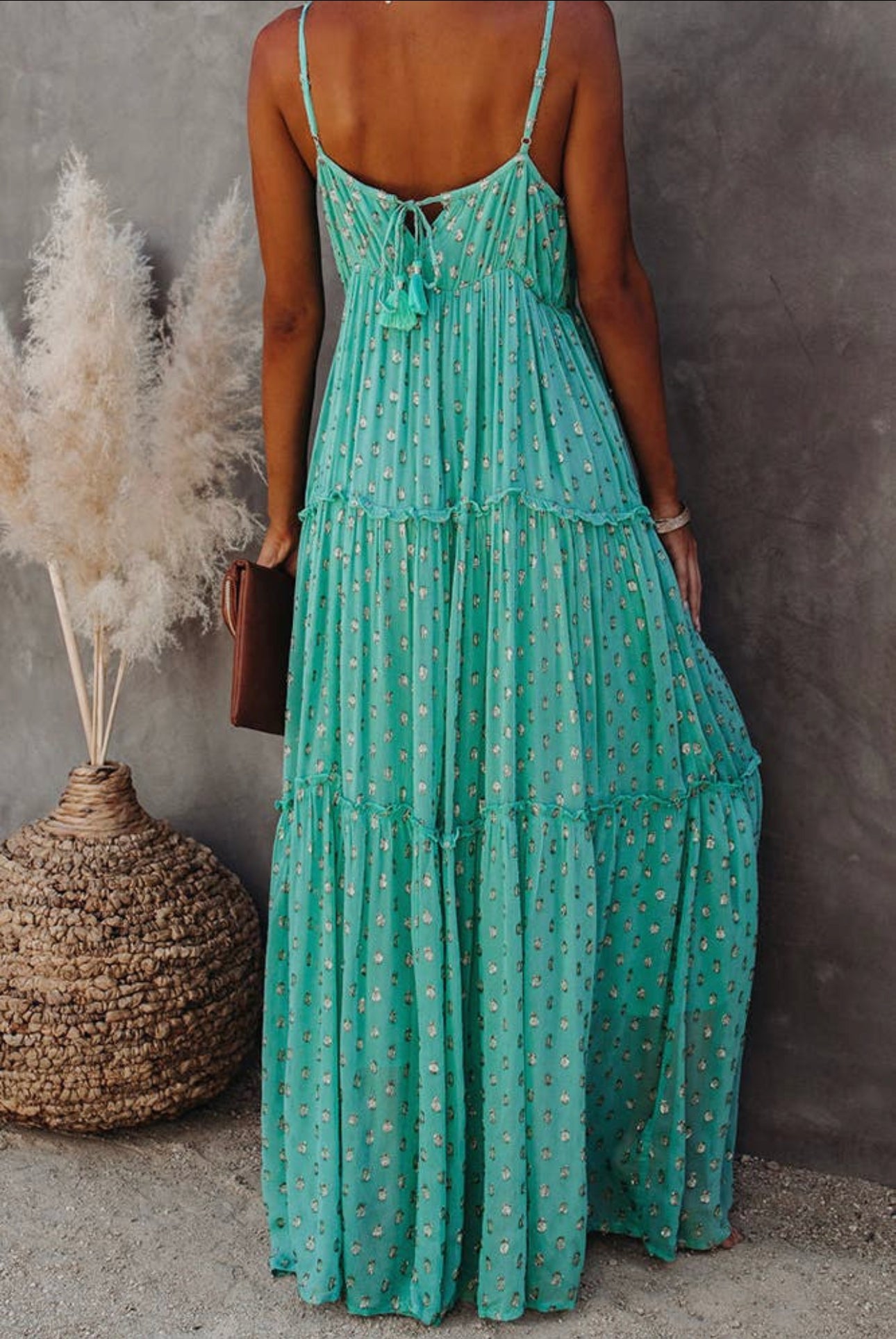 Women's Unishe Teal Aqua Floral polka dot maxi slip dress - Miss Dressy 