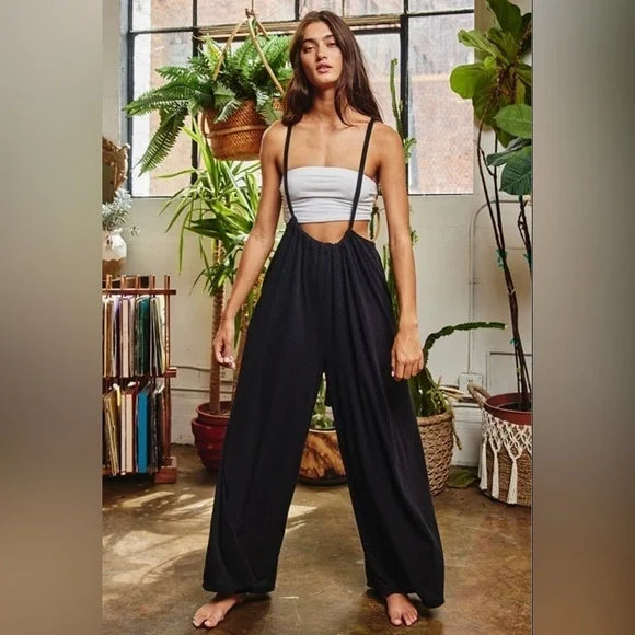 Women’s Bucketlist casual black boho wide leg solid knit textured suspender pants