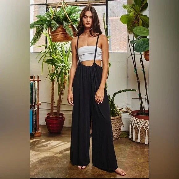 Women’s Bucketlist casual black boho wide leg solid knit textured suspender pants
