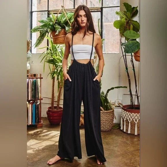 Women’s Bucketlist casual black boho wide leg solid knit textured suspender pants