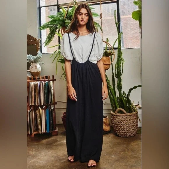 Women’s Bucketlist casual black boho wide leg solid knit textured suspender pants