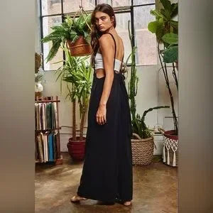 Women’s Bucketlist casual black boho wide leg solid knit textured suspender pants