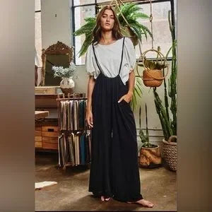Women’s Bucketlist casual black boho wide leg solid knit textured suspender pants