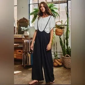 Women’s Bucketlist casual black boho wide leg solid knit textured suspender pants
