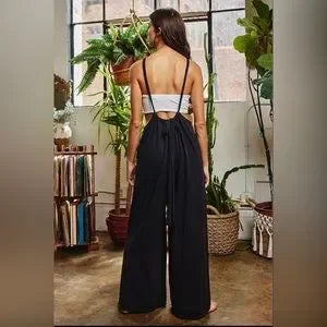 Women’s Bucketlist casual black boho wide leg solid knit textured suspender pants