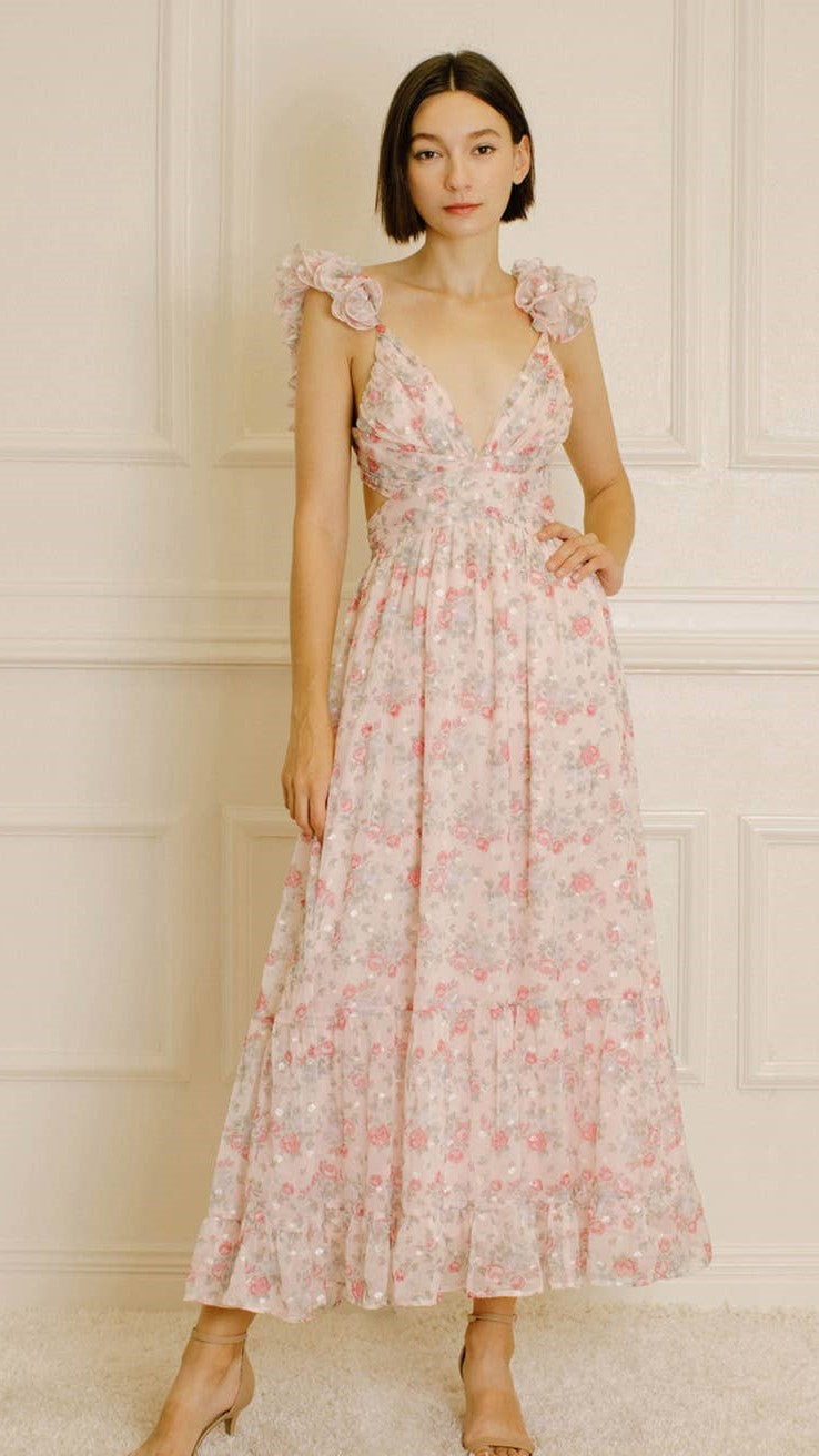 Women's Storia Floral Tiny Flowers Maxi Dress with criss-cross back tie - Miss Dressy 
