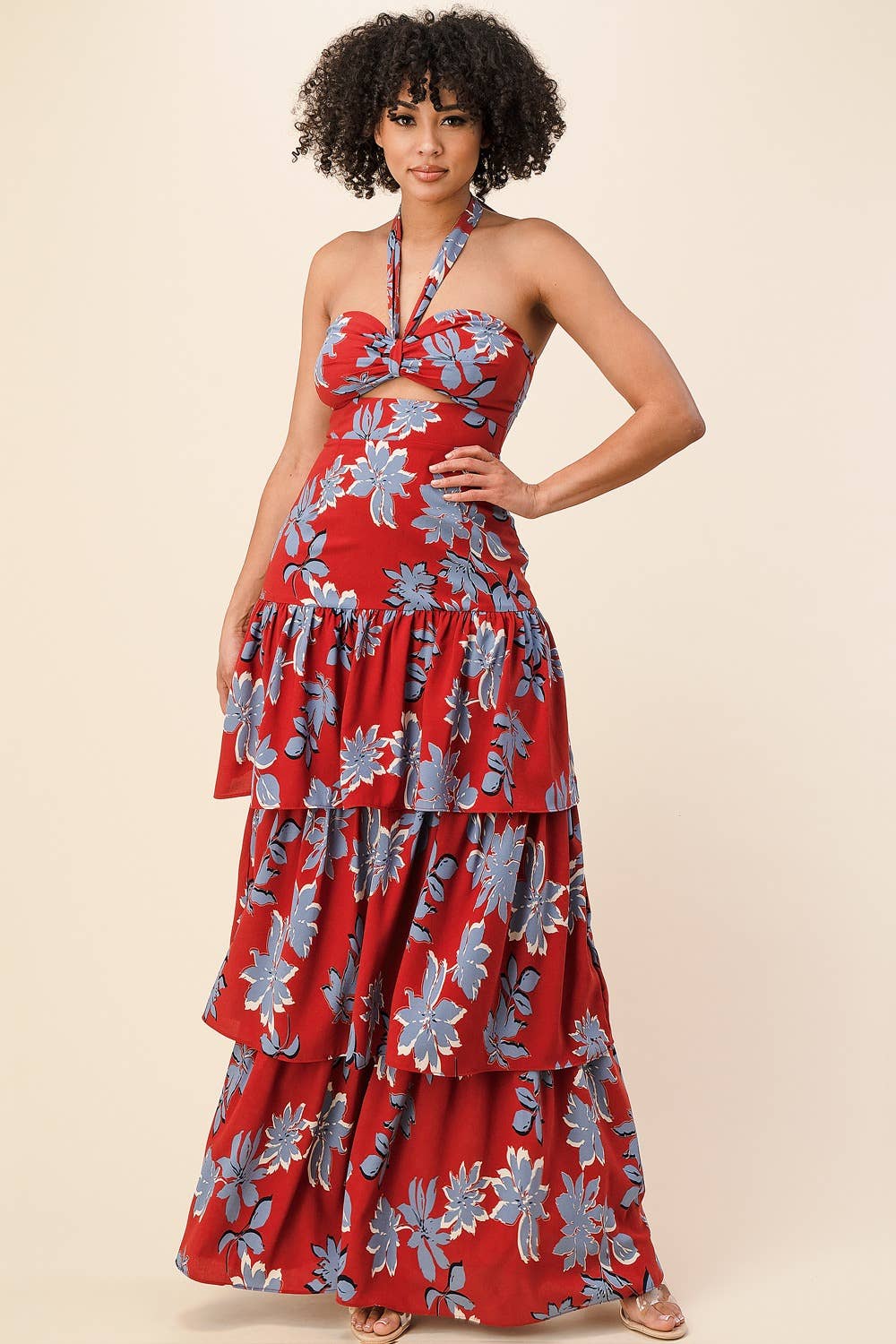 Women's Rust and Blue Floral Halter Neck Maxi Dress