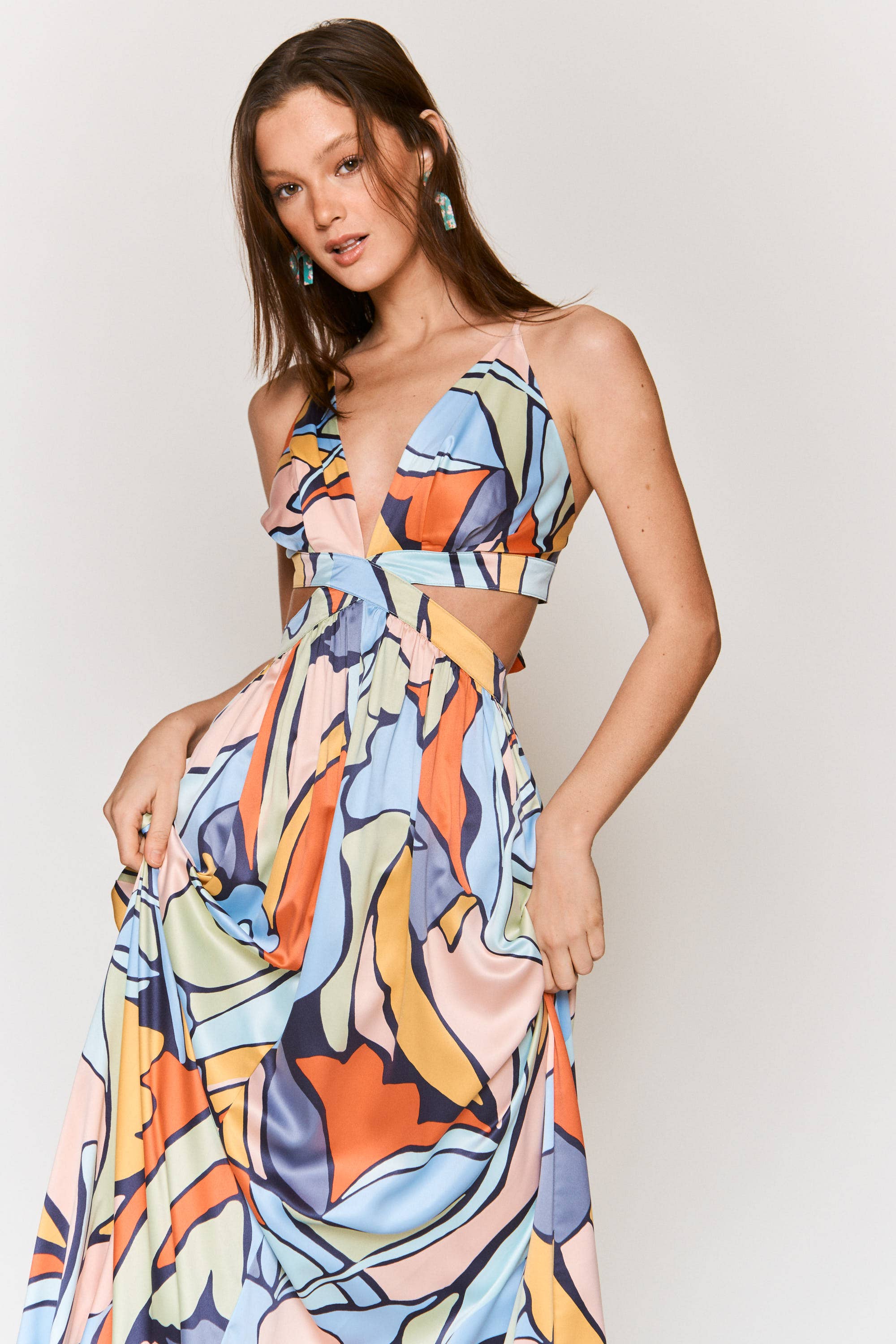 Women's Hers & Mine Abstract Print Cut Out Tie Back Maxi Dress - Miss Dressy 