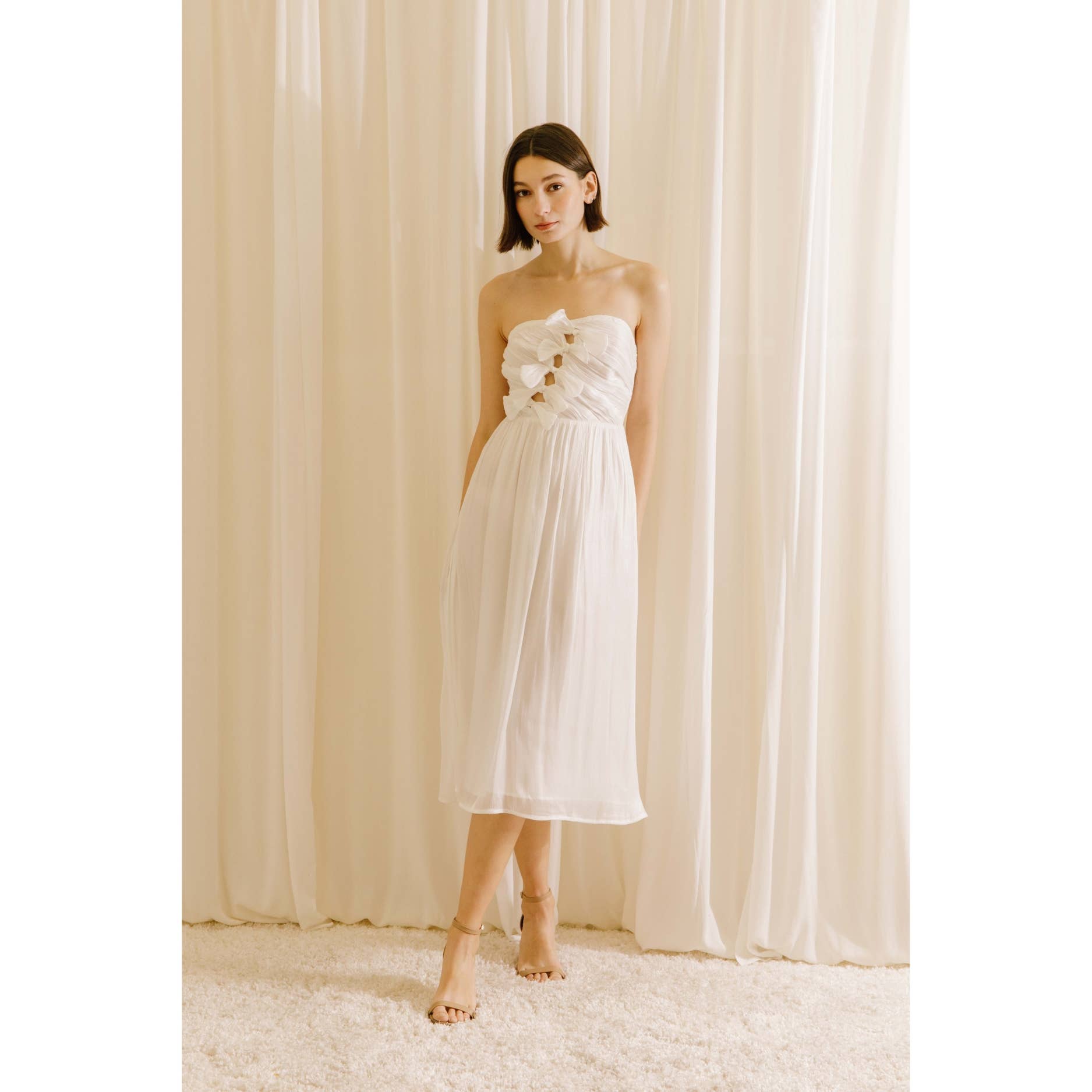 Women's Storia chiffon satin shiny sheen midi dress with bow.
