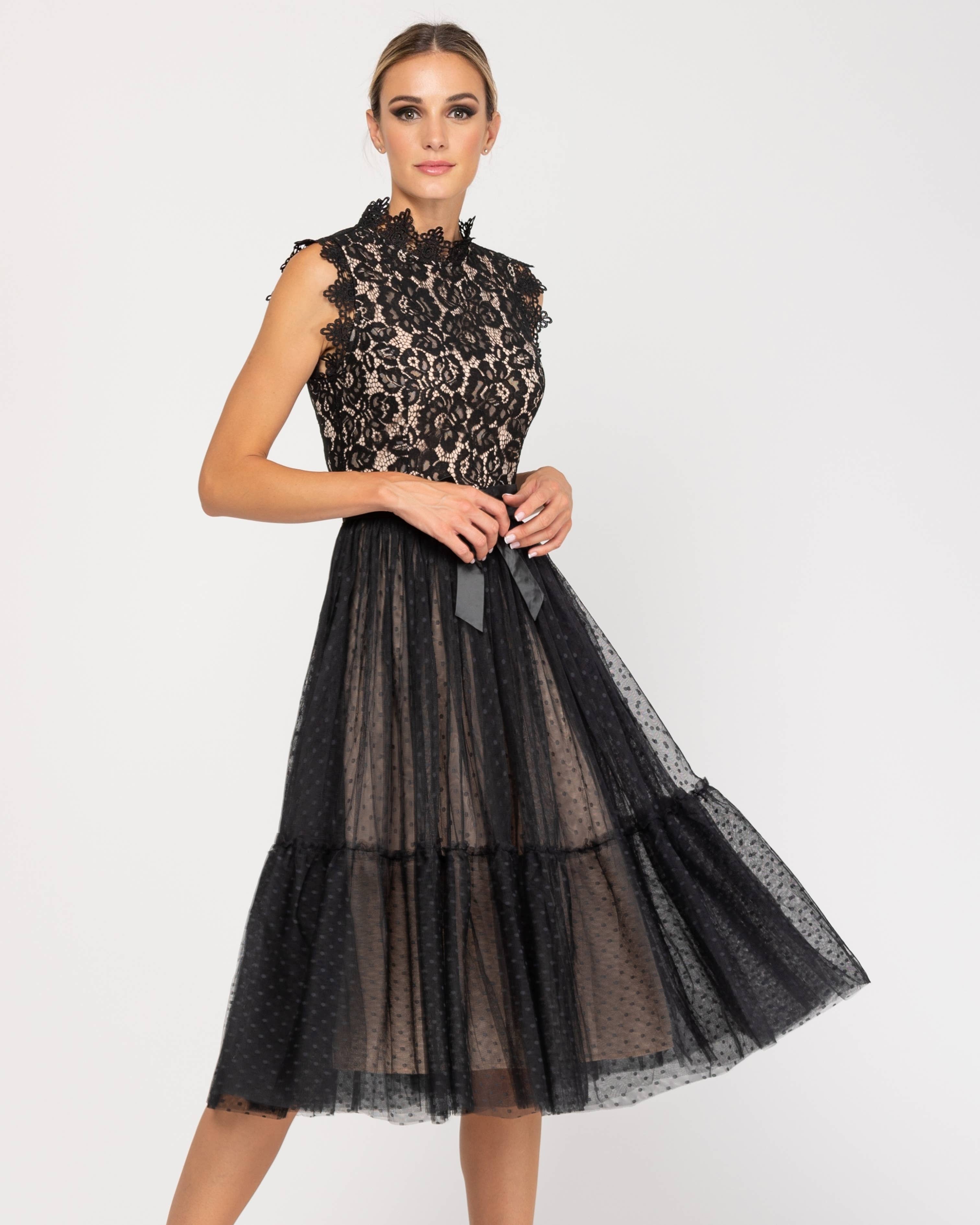 Women's Midi Lace Dress with Polka Tulle Skirt