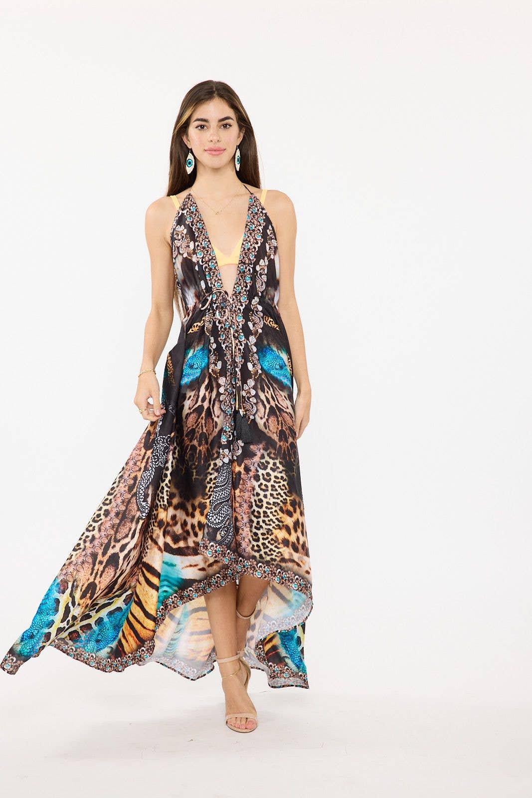 Women's Aqua Animal Print Halter Maxi Dress