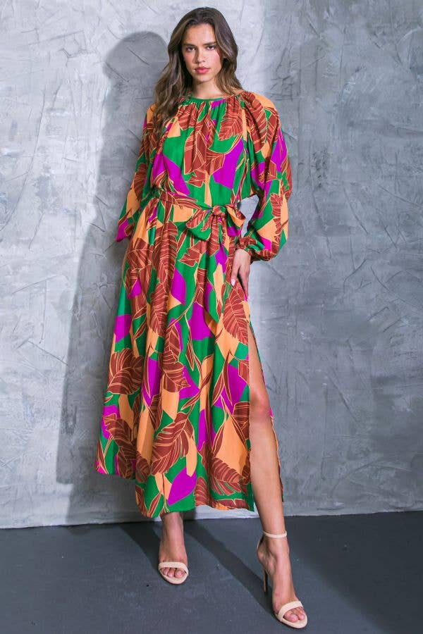Women's Flying Tomato Leaf Print Gathered Neckline Midi Dress