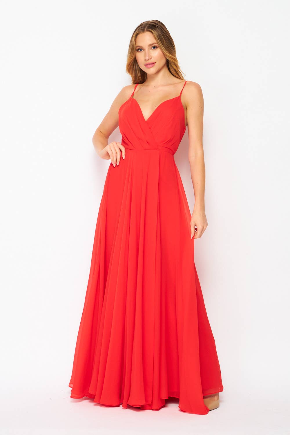 Women's Woven Tomato Red Solid Cocktail Maxi Dress
