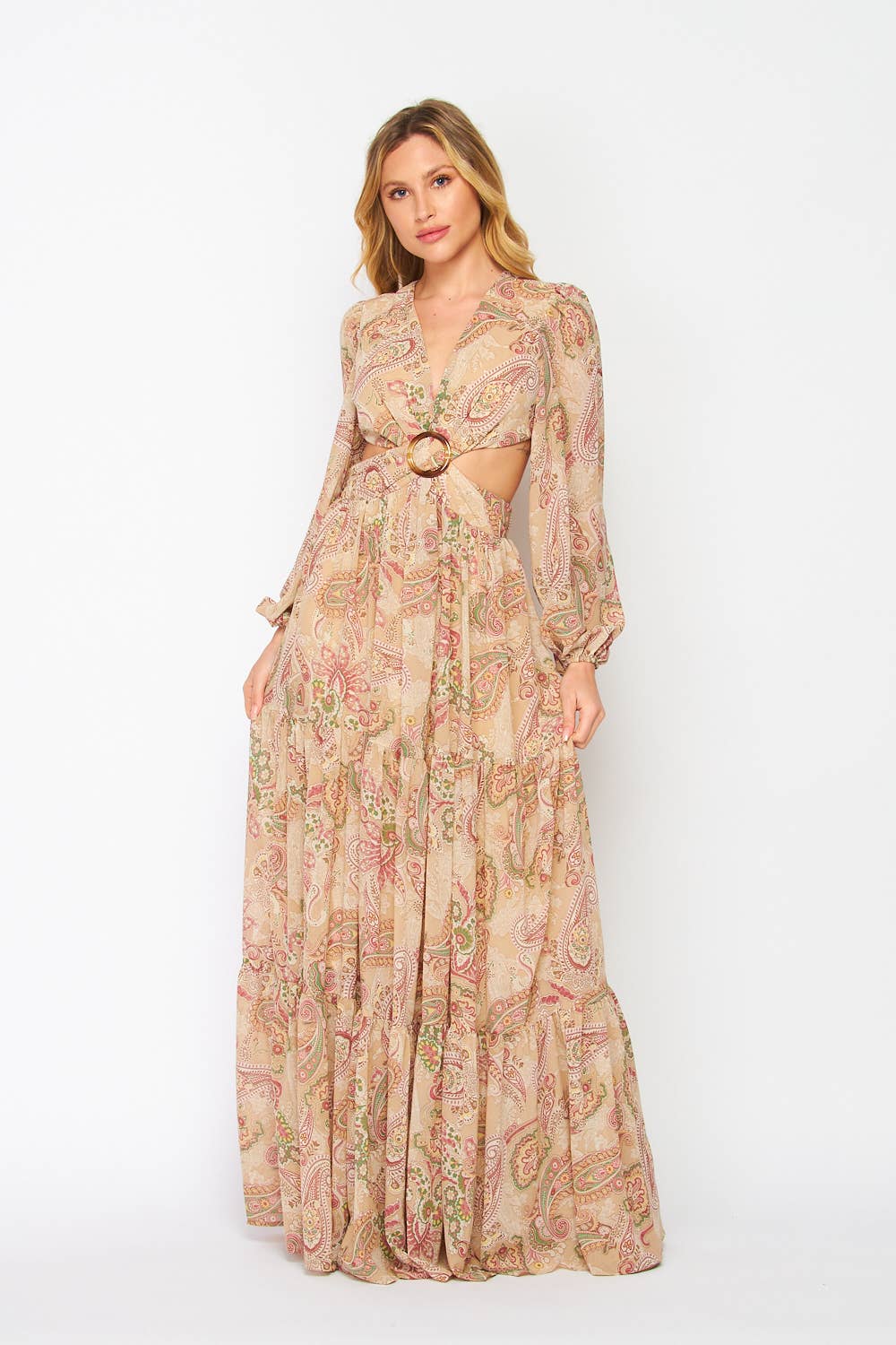 Women's Faith Apparel O-Ring Cut Out Taupe Paisley Print Maxi Dress - Miss Dressy 