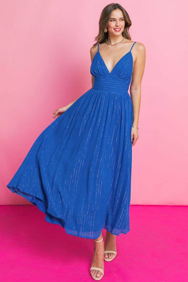 Women's Flying Tomato solid blue woven/metallic thread midi dress